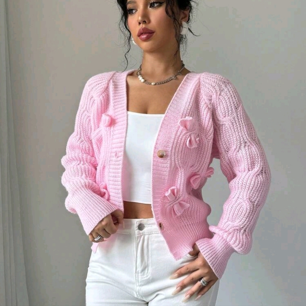 Women's Solid Color Bow Decor Raglan Sleeve Casual Cardigan, Autumn - Picture 5 of 5